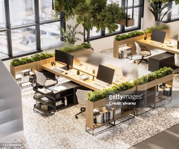 eco friendly workspace in 3d render - overhangend stockfoto's en -beelden