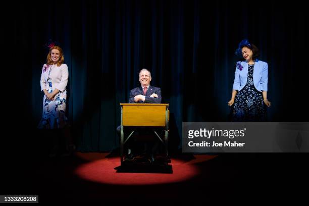 Jenny Rainsford as Princess Beatrice, Tim Wallers as Prince Andrew and Eliza Butterworth as Princess Eugenie during dress rehearsals of the play "The...