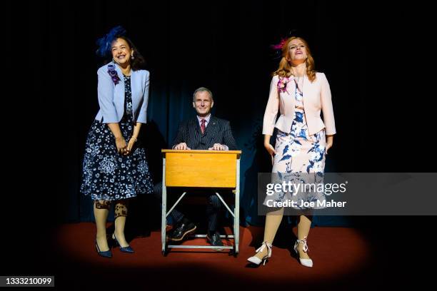 Eliza Butterworth as Princess Eugenie, Tim Wallers as Prince Andrew and Jenny Rainsford as Princess Beatrice during dress rehearsals of the play "The...