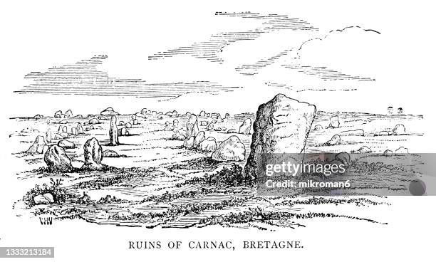 old engraved illustration of the ruins of carnac, bretagne - carnac stock pictures, royalty-free photos & images