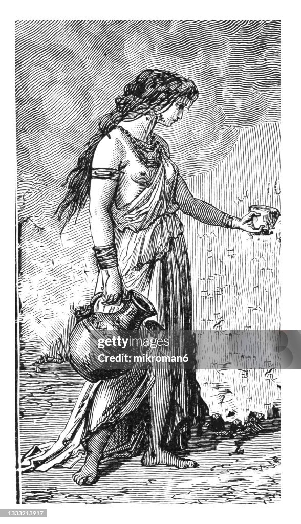 Old engraved illustration of Manners of prehistoric peoples - woman giving drinks
