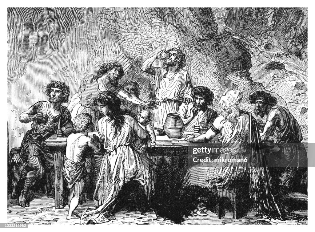 Old engraved illustration of Manners of prehistoric peoples - feast in the age of bronze (drawn by Emile Bayard), prehistoric men