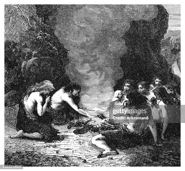 old engraved illustration of funeral feast in the age of bronze (drawn by emile bayard) - prehistoric man fotografías e imágenes de stock