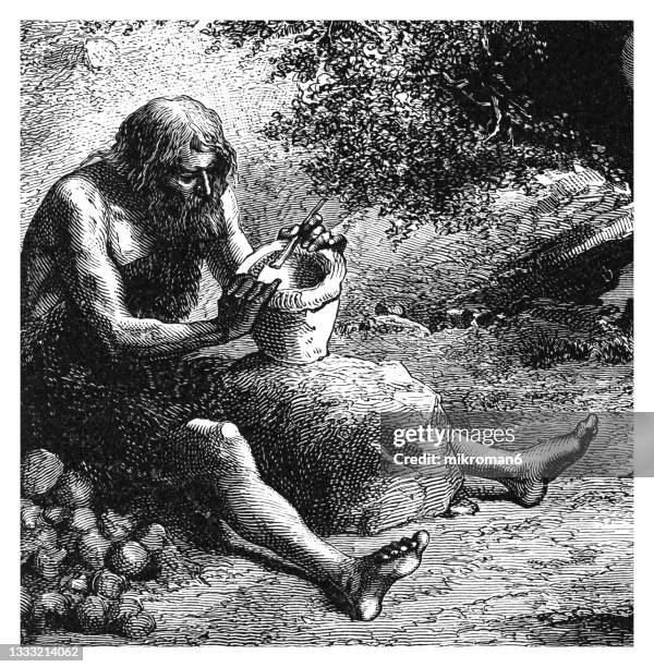 old engraved illustration of the first potters drawn by emile bayard, prehistoric men - prehistoric people stock pictures, royalty-free photos & images