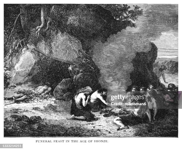 old engraved illustration of funeral feast in the age of bronze (drawn by emile bayard) - prehistoric people stock pictures, royalty-free photos & images