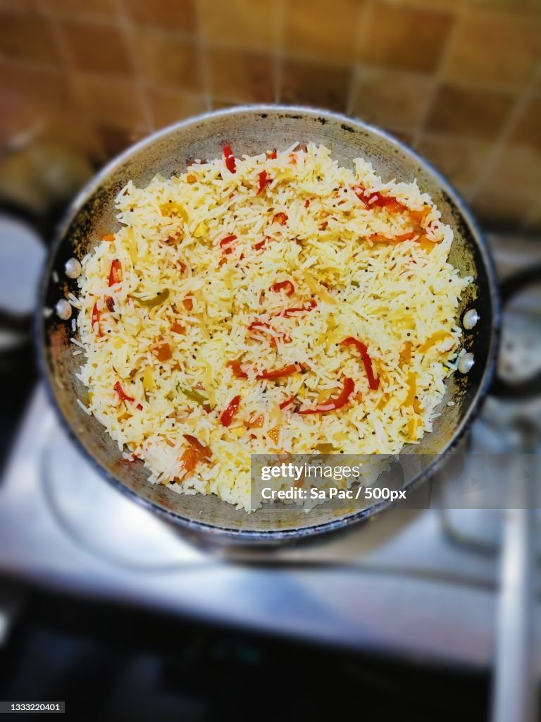 High angle view of food in cooking pan