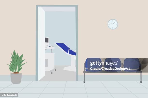 waiting hall in gynecologist office with empty blue seats - doctors office no people stock illustrations