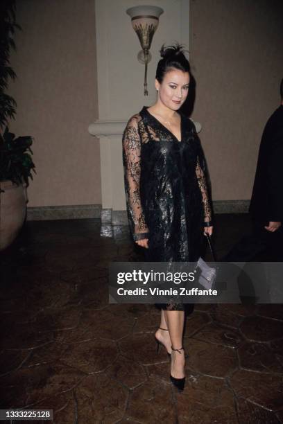 American-Canadian actress Jennifer Tilly wearing a black dress with black lace sleeves attends the WBC Welterweight Championship fight at the...