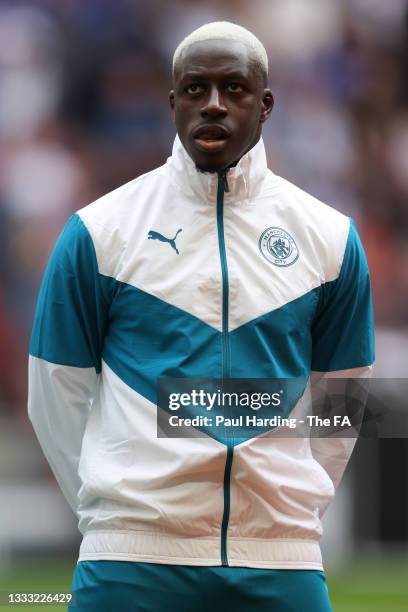 Benjamin Mendy of Manchester City looks on as they line up prior to The FA Community Shield match between Manchester City and Leicester City at...