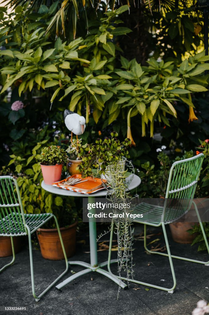 Green garden furniture in a small garden.