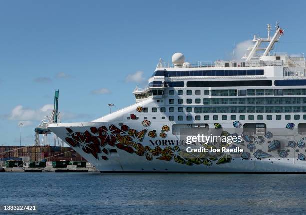 The Norwegian Gem, a cruise ship owned by Norwegian Cruise Line Holdings, is moored at PortMiami on August 09, 2021 in Miami, Florida. A federal...