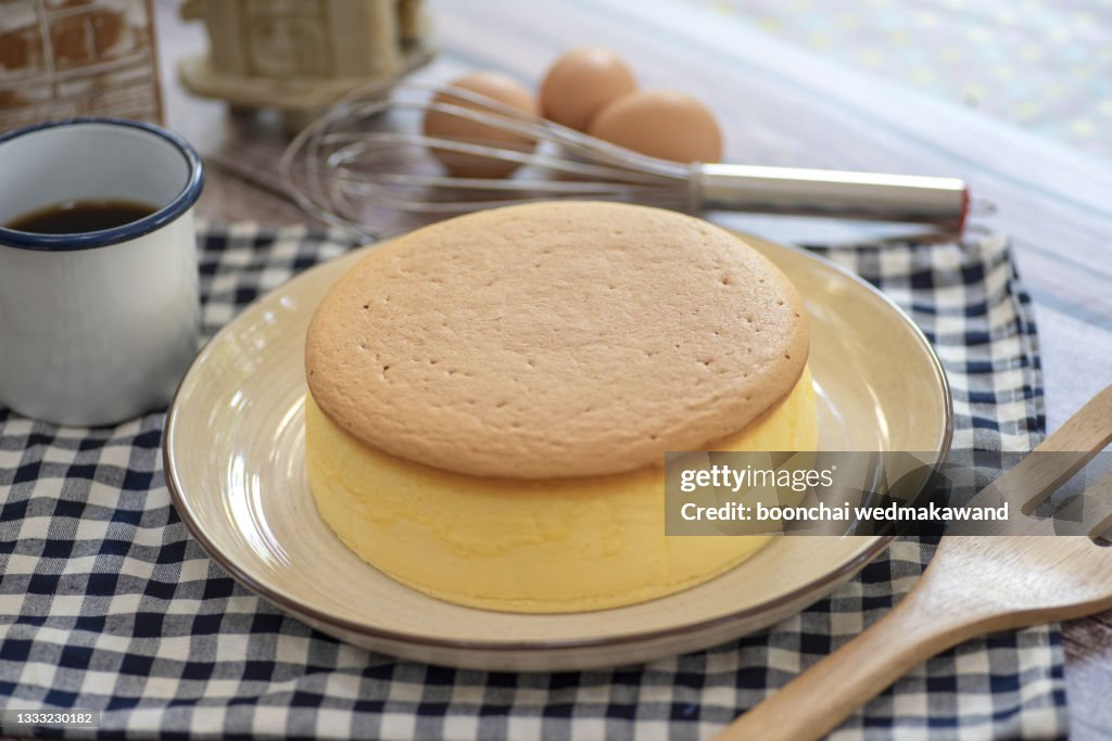Homemade bakery concept to present cake so soft and lite good smell and delicious with coffee cup -