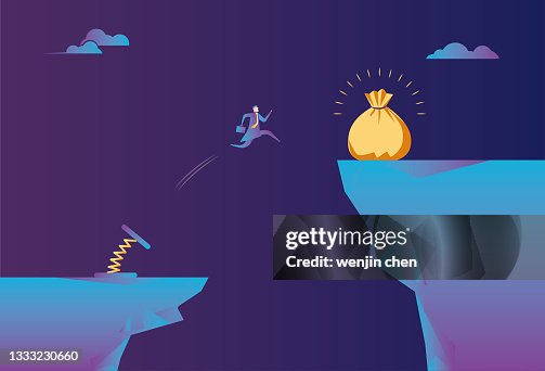 Spiral spring helps business men jump on the cliff to gain wealth Spiral spring helps business men jump on the cliff to gain wealth