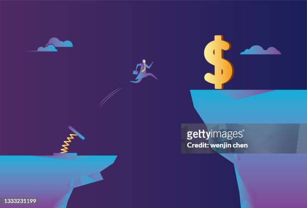 spiral spring hilft geschäftsleuten, auf die klippe zu springen, um dollars zu bekommen - flexibilität stock-grafiken, -clipart, -cartoons und -symbole