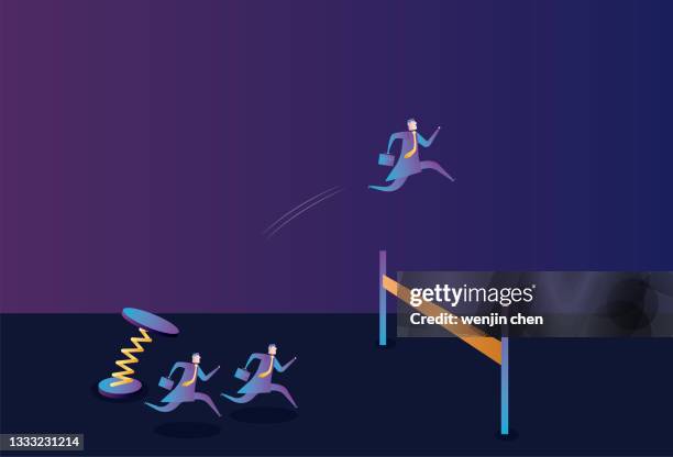 ilustrações de stock, clip art, desenhos animados e ícones de the spiral spring helps one of the business men cross the hurdle - pista de atletismo