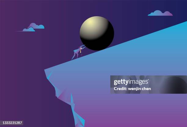 the business man pushes the iron ball hard on the cliff - competition law stock illustrations