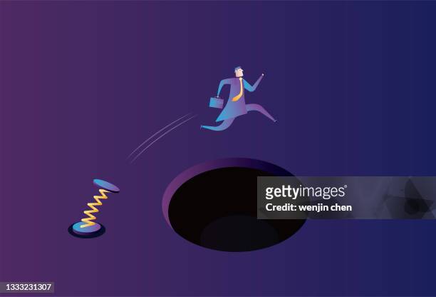 spiral spring helps business men cross the black hole - abzeichen stock illustrations