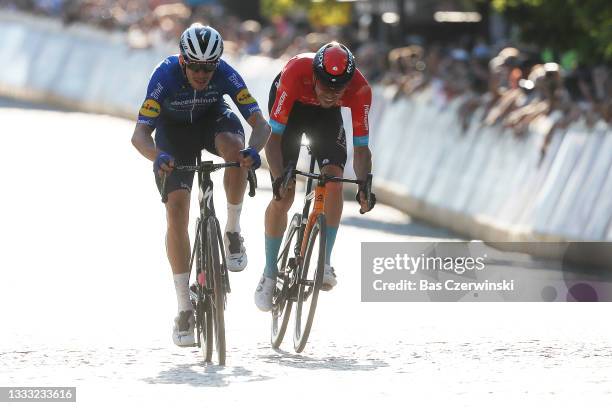 Alvaro Jose Hodeg Chagui of Colombia and Team Deceuninck - Quick-Step & Phil Bauhaus of Germany and Team Bahrain Victorious sprint at finish line...