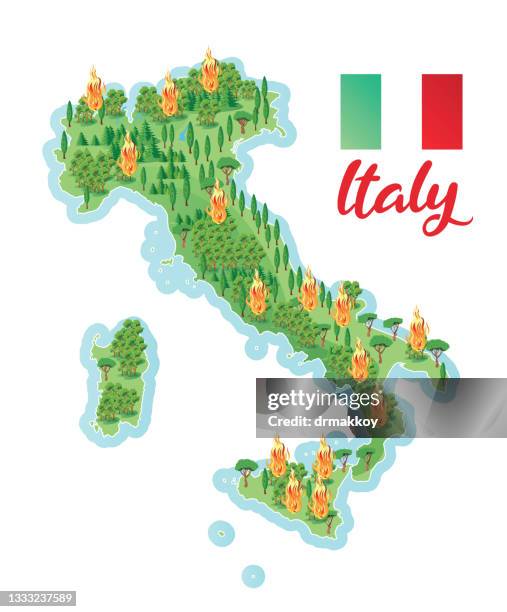 italy map - burning forest stock illustrations