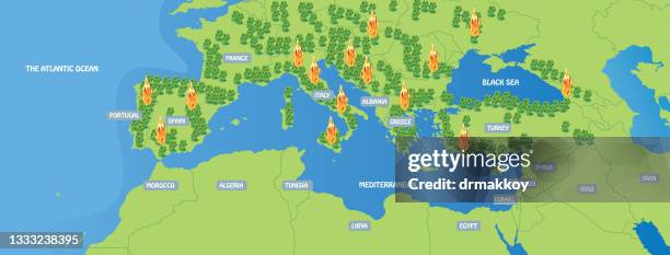 stockillustraties, clipart, cartoons en iconen met mediterranean map - bosbrand