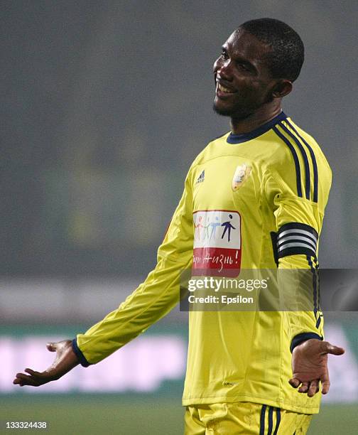 Samuel Eto'o of FC Anzhi Makhachkala reacts during the Russian Football League Championship match between FC Zenit St. Petersburg and FC Anzhi...