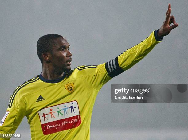 Samuel Eto'o of FC Anzhi Makhachkala gestures during the Russian Football League Championship match between FC Zenit St. Petersburg and FC Anzhi...