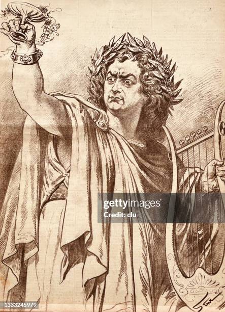 emperor nero with laurel wreath raises the cup - nero stock illustrations