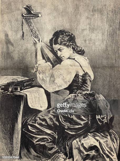 pretty young woman tunes a mandolin - 1871 stock illustrations
