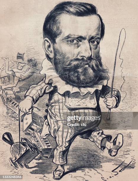 man with a whip in his left hand pulls a toy train behind him - toy train stock illustrations