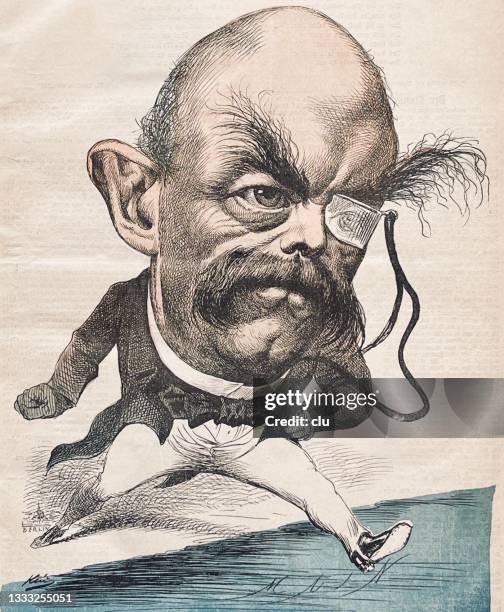 otto von bismarck karikatur: mit einem großen schritt von berlin in die welt springen - karikatur stock-grafiken, -clipart, -cartoons und -symbole