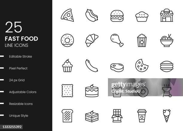 ilustrações, clipart, desenhos animados e ícones de ícones da linha fast food - comendo