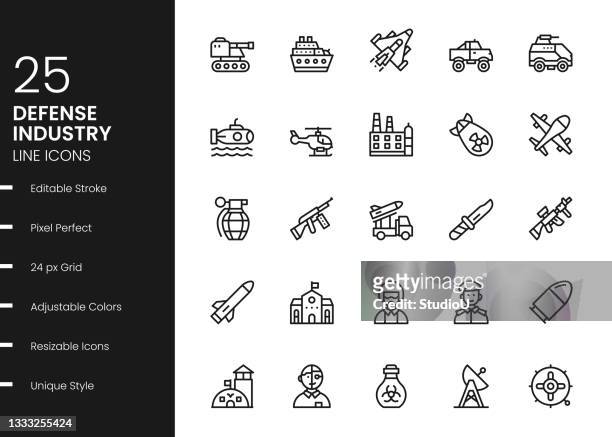 illustrations, cliparts, dessins animés et icônes de icônes de ligne de l’industrie de la défense - army