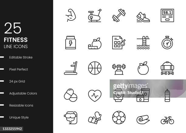 fitness line icons - strength icon stock illustrations