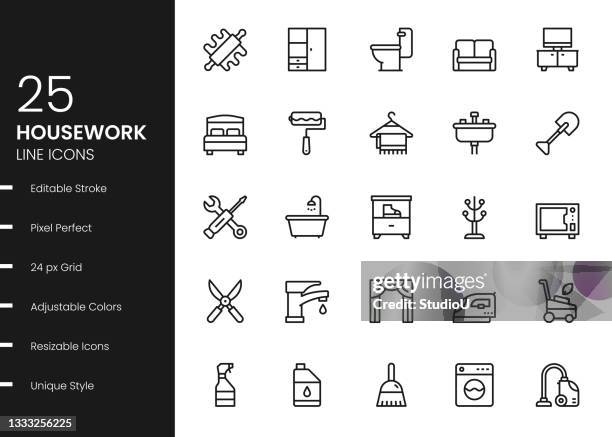 stockillustraties, clipart, cartoons en iconen met houseware line icons - stofzuiger