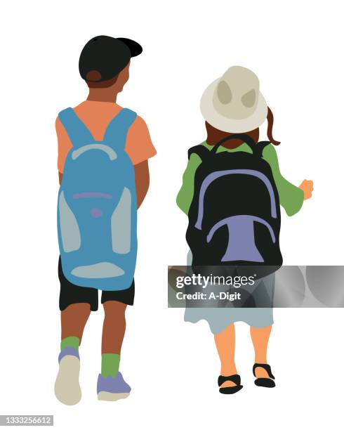 ilustraciones, imágenes clip art, dibujos animados e iconos de stock de smallkidsheavyloadbackpack - kid and little sister cartoon