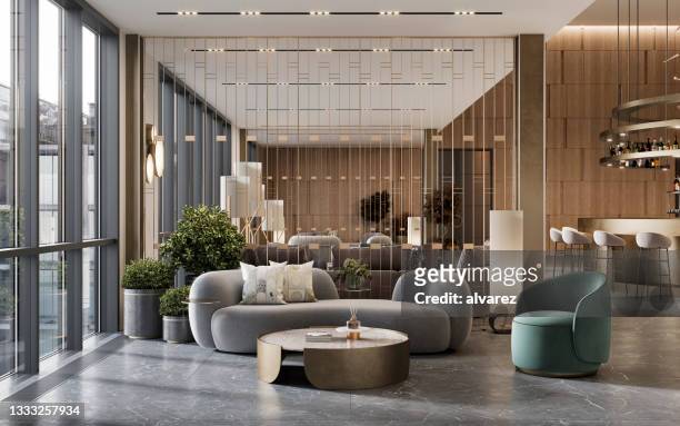 3d-rendering einer hotelwartelounge mit sofa und sessel - luxushotel stock-fotos und bilder