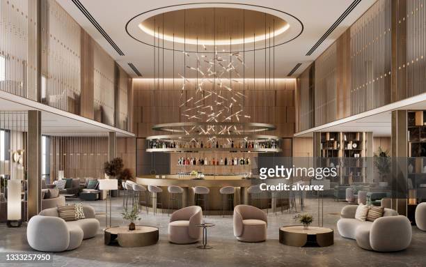 5つ星ホテルのインテリアのデジタルレンダリング画像 - architecture restaurant interior ストックフォトと画像