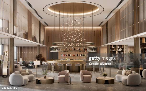 digitally rendered image of a five-star hotel interior - first class restaurant stockfoto's en -beelden