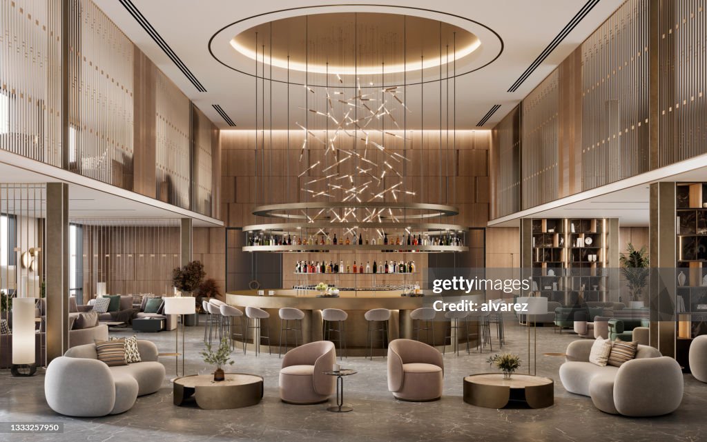 Imagem digitalmente renderizada de um interior de hotel cinco estrelas