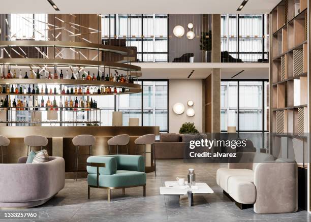 3d rendering of a nice restaurant with elegant decoration - overhangend stockfoto's en -beelden