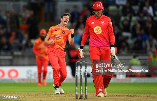 Adam Milne of Birmingham Phoenix celebrates after dismissing Tom Banton of Welsh Fire during The Hundred match between Birmingham Phoenix Men and...