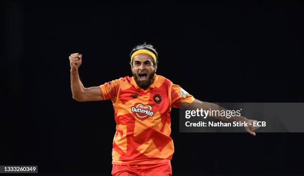 Imran Tahir of Birmingham Phoenix Men celebrates after taking the wicket of Glenn Phillips of Welsh Fire Men during The Hundred match between...