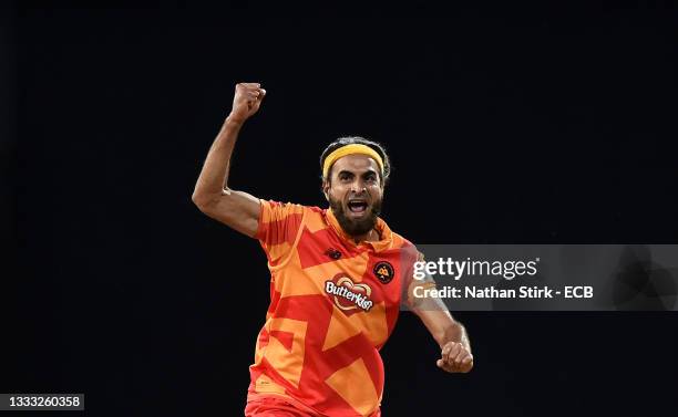 Imran Tahir of Birmingham Phoenix Men celebrates after taking the wicket of Glenn Phillips of Welsh Fire Men during The Hundred match between...