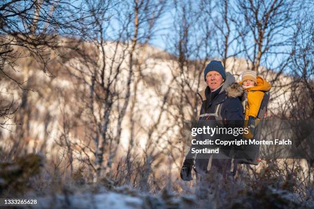grandfather and baby grandchild go hiking in viken, norway - buskerud stock pictures, royalty-free photos & images