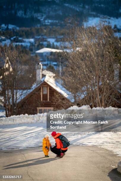 parent and child enjoying the cold weather outdoors - buskerud stock pictures, royalty-free photos & images