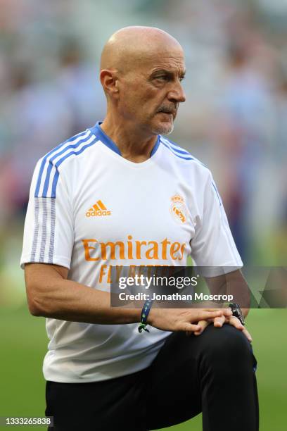 Antonio Pintus, Real Madrid Fitness coach, looks on during the warm up prior to the Pre-season friendly match between Real Madrid and AC Milan at...