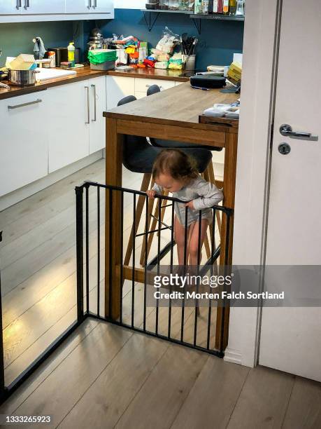 baby's adventure around a modern kitchen - baby gate imagens e fotografias de stock