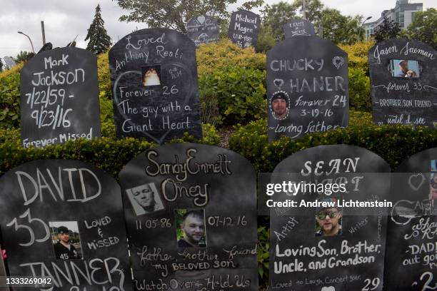 Friends and family members of people who have died during the opioid epidemic protest against a bankruptcy deal with Purdue Pharmaceuticals that...