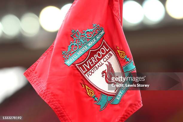 Detailed view of a Liverpool corner flag is seen prior to the Pre-Season Friendly match between Liverpool and Osasuna at Anfield on August 09, 2021...