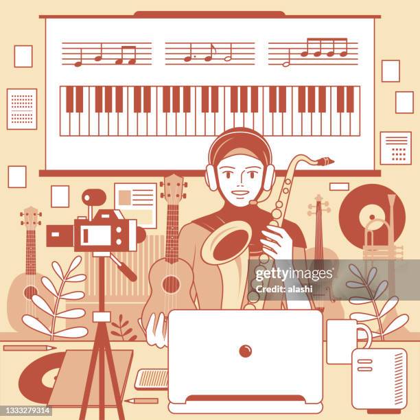 one young muslim female teacher (musician, streamer) with hijab and headphones is remotely teaching music (online class) using a laptop and camera and whiteboard at home (classroom), e-learning and telecommuting concept - music shop stock illustrations